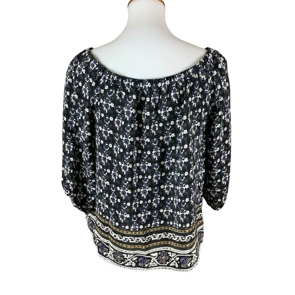 Madewell 100% Silk‎ Boho Peasant Blouse Black Floral Print Long Sleeve Top Small